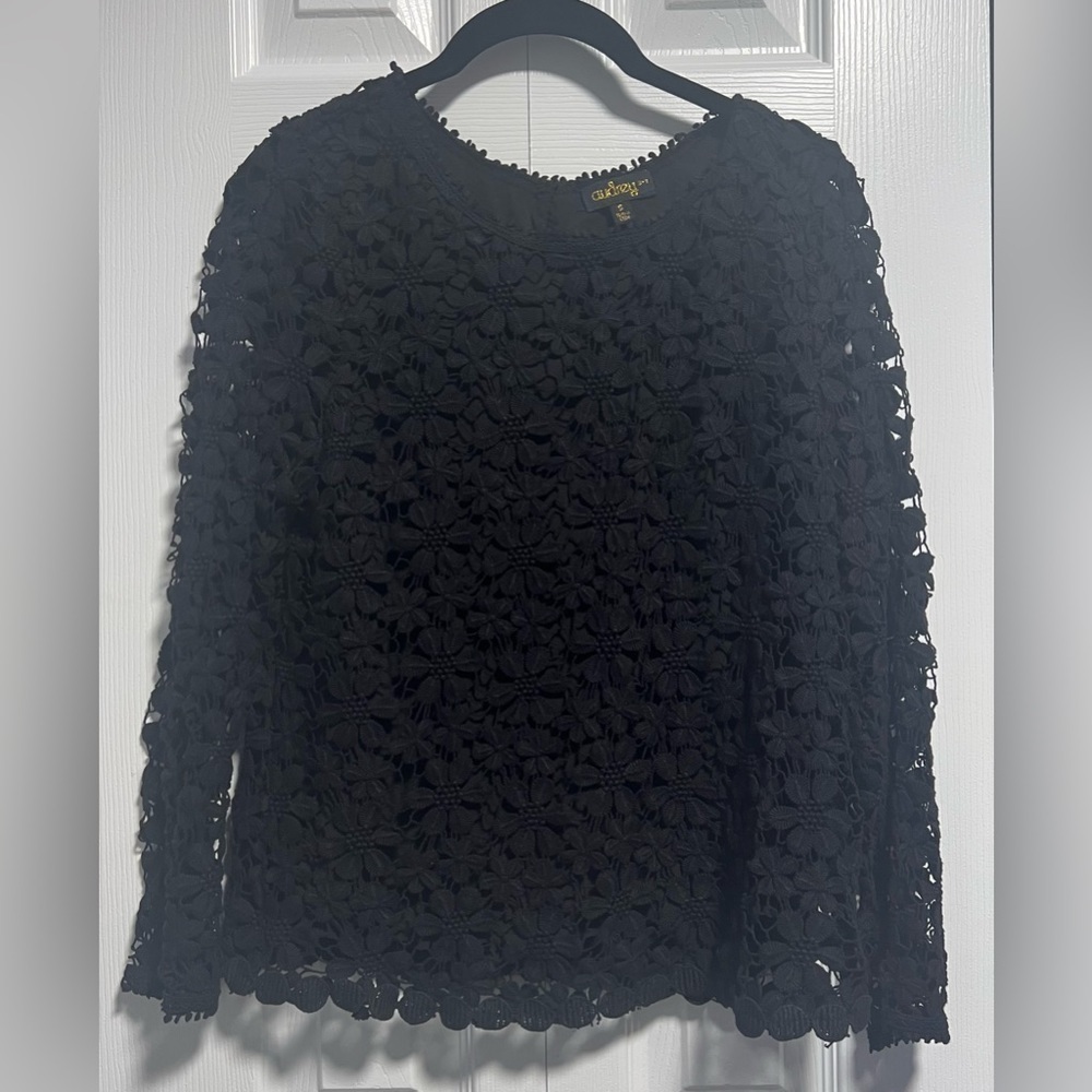 Audrey 3+1 Black Long Sleeved Embroidered Top with Semi Open Back - Picture 2 of 5